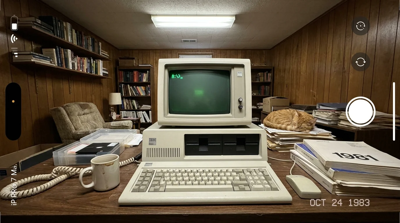 A realistic photo of an early 1980s personal computer on a messy home desk, reflecting the start of the home computing revolution.