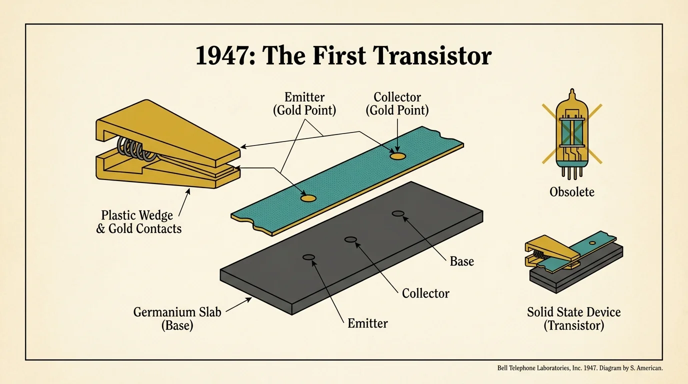 A technical diagram of the first transistor from 1947, showing its gold foil and germanium components.