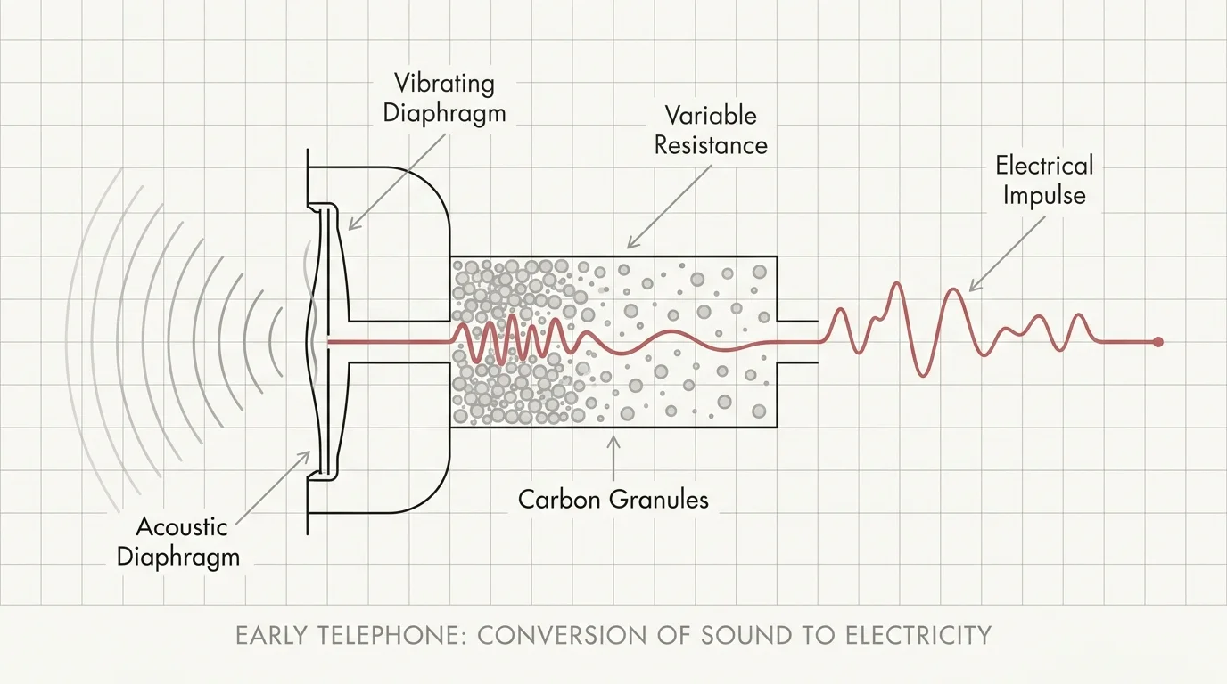 A technical diagram showing how early telephones converted sound waves into electrical signals using carbon granules.