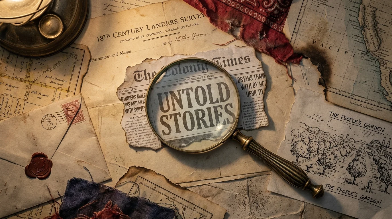 A textured collage of historical artifacts including old maps, a magnifying glass, and a red miner's bandana on aged paper.