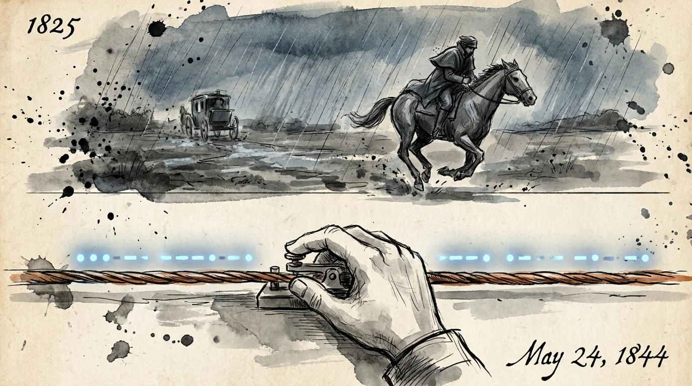 A watercolor drawing of a telegraph wire and key, symbolizing the transition from horse-delivered mail to instant electronic communication.