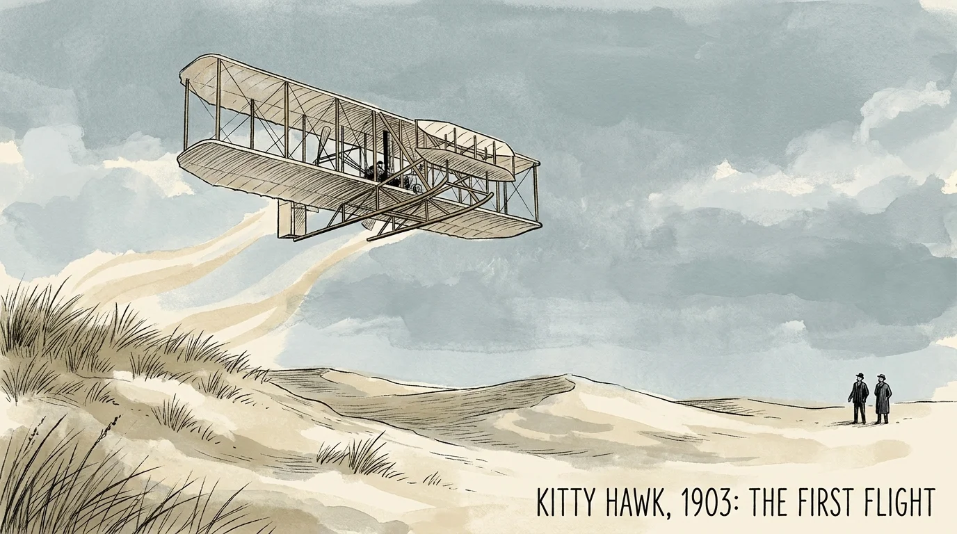 An illustration of the Wright Flyer lifting off the sandy ground at Kitty Hawk against a grey morning sky.