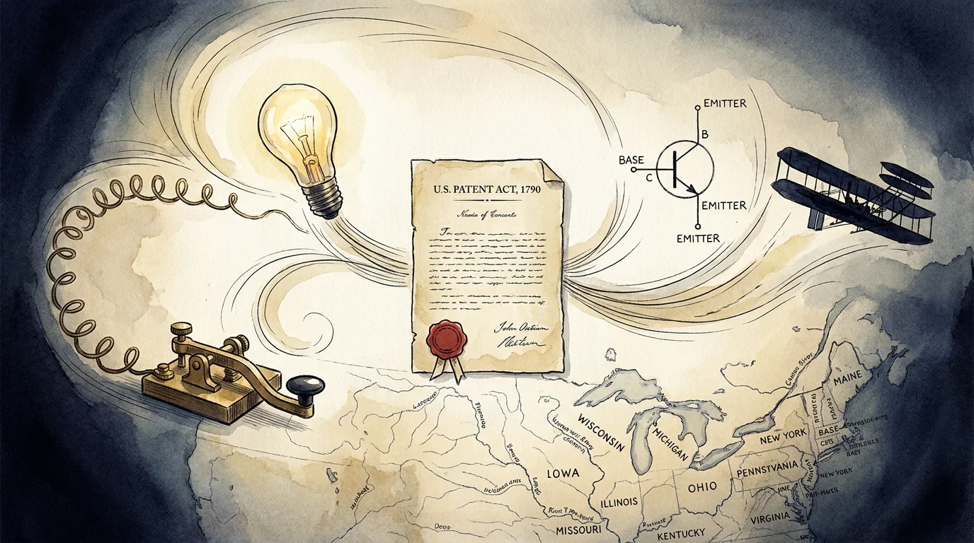 An ink and watercolor illustration featuring a collage of 18th and 19th-century American patent documents and mechanical inventions.