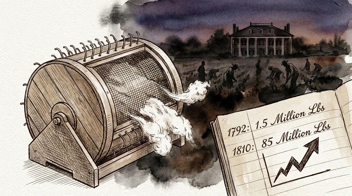 An ink illustration of a cotton gin next to a ledger showing the massive increase in cotton production between 1792 and 1810.