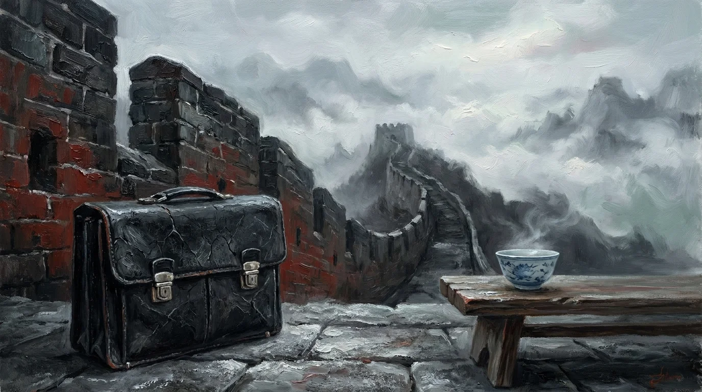 An oil painting of a black diplomatic briefcase next to a Chinese tea bowl at the Great Wall of China in the mist.