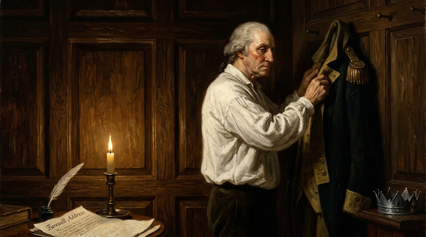 An oil painting of George Washington hanging up his cloak in a candlelit room next to his Farewell Address papers.
