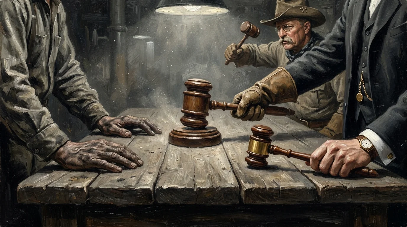 An oil painting of Theodore Roosevelt's gloved hand slamming a gavel between a coal miner and a business executive.