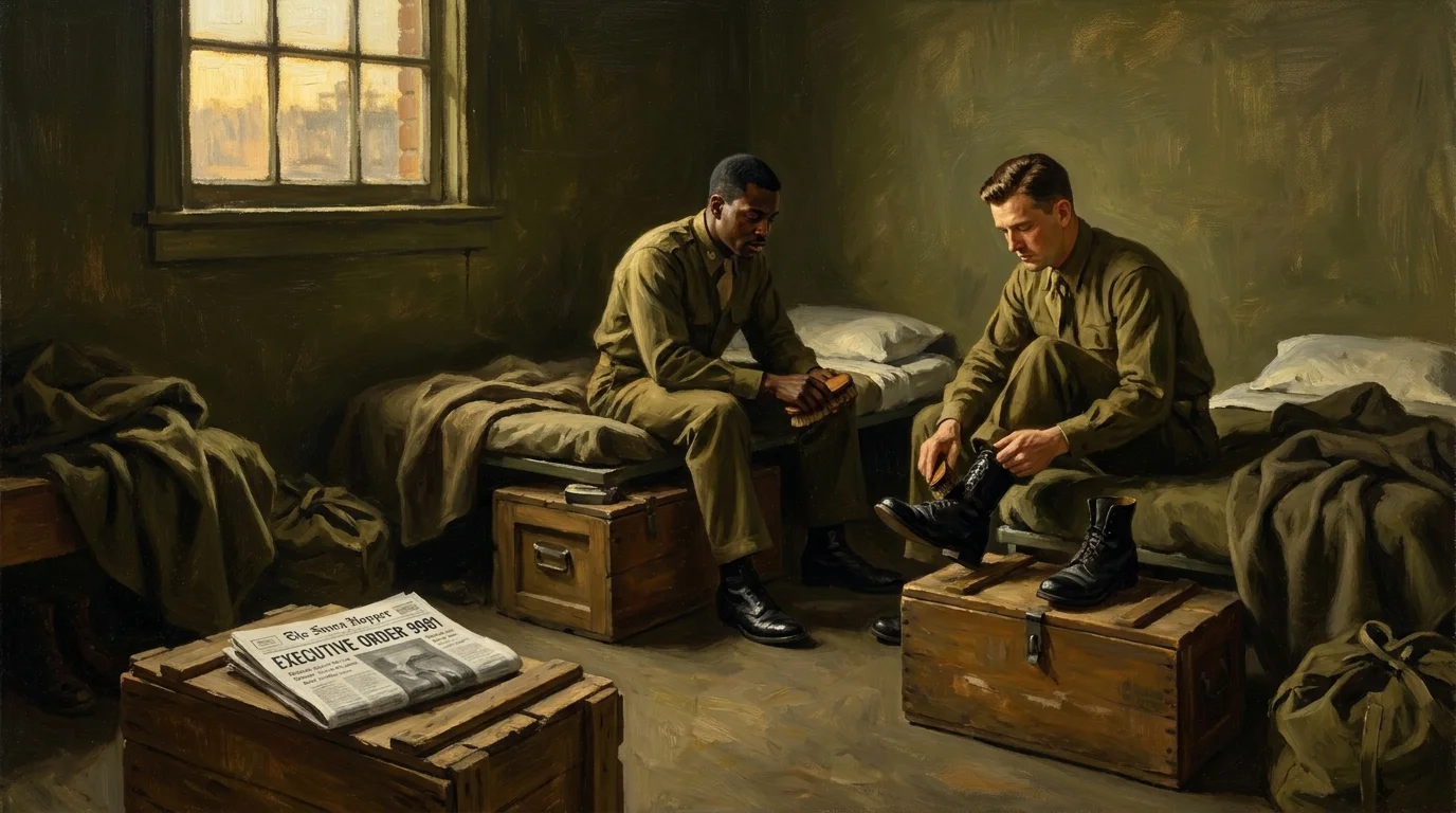 An oil painting of two soldiers of different races polishing boots together in a 1948 barracks next to Executive Order 9981.