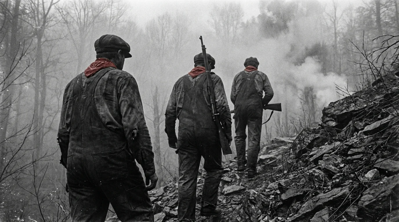 Black and white photo of coal miners with red bandanas and rifles climbing a misty, wooded mountain.