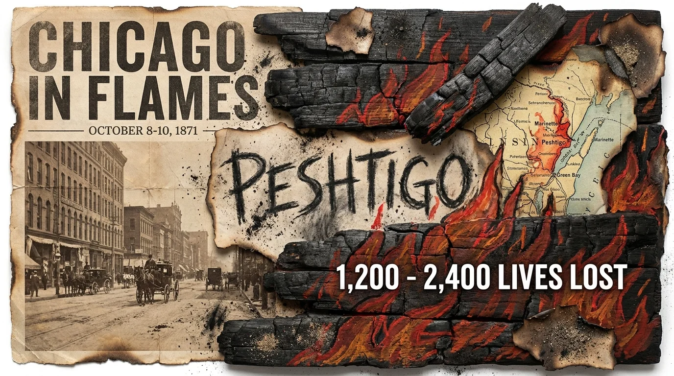 Collage comparing the Chicago Fire to the Peshtigo Fire, featuring charred wood textures and casualty numbers.