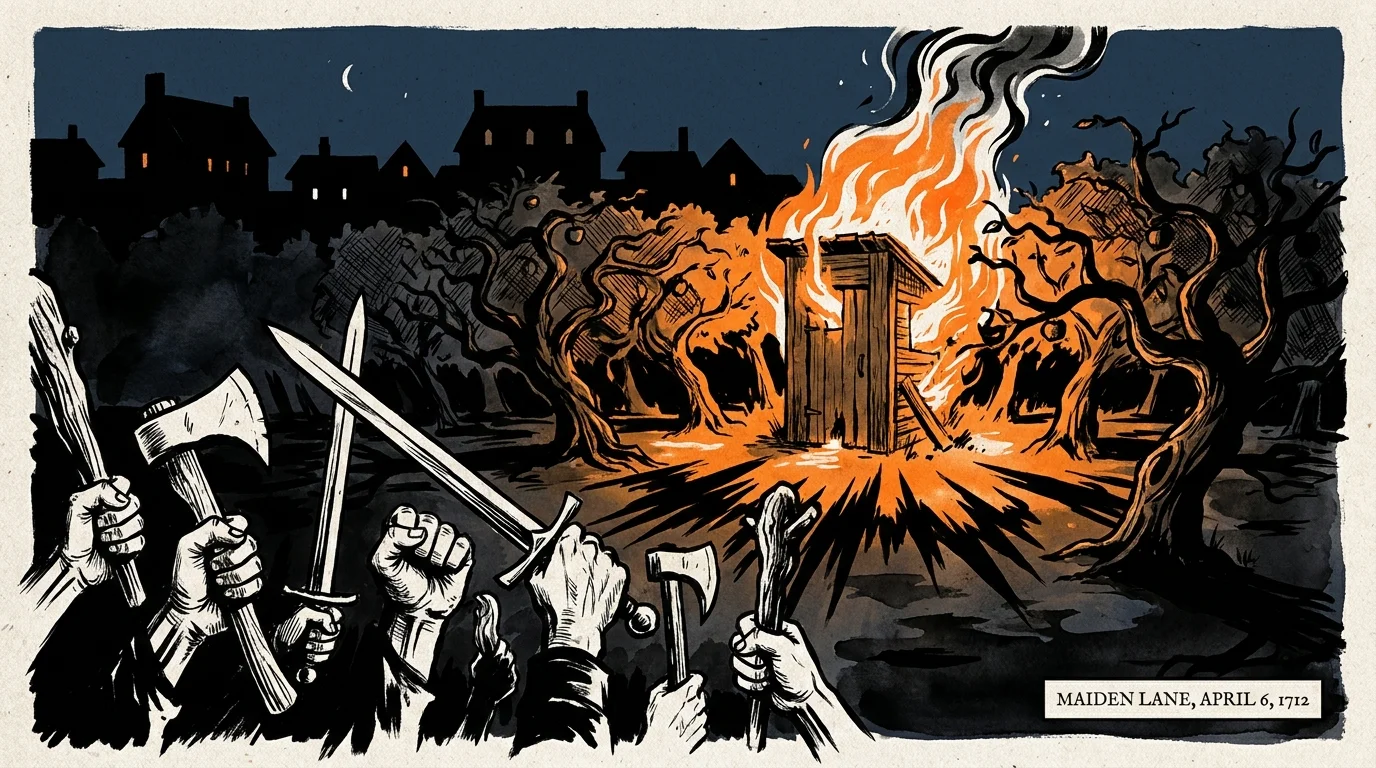 High-contrast illustration of a fire in a colonial orchard at night, with silhouettes of tools and gabled houses.