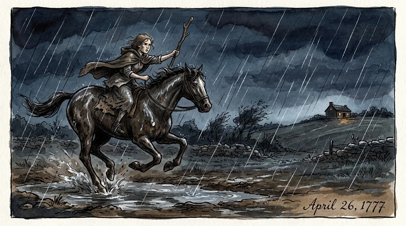 Ink and watercolor illustration of 16-year-old Sybil Ludington riding a horse through a stormy night in 1777.