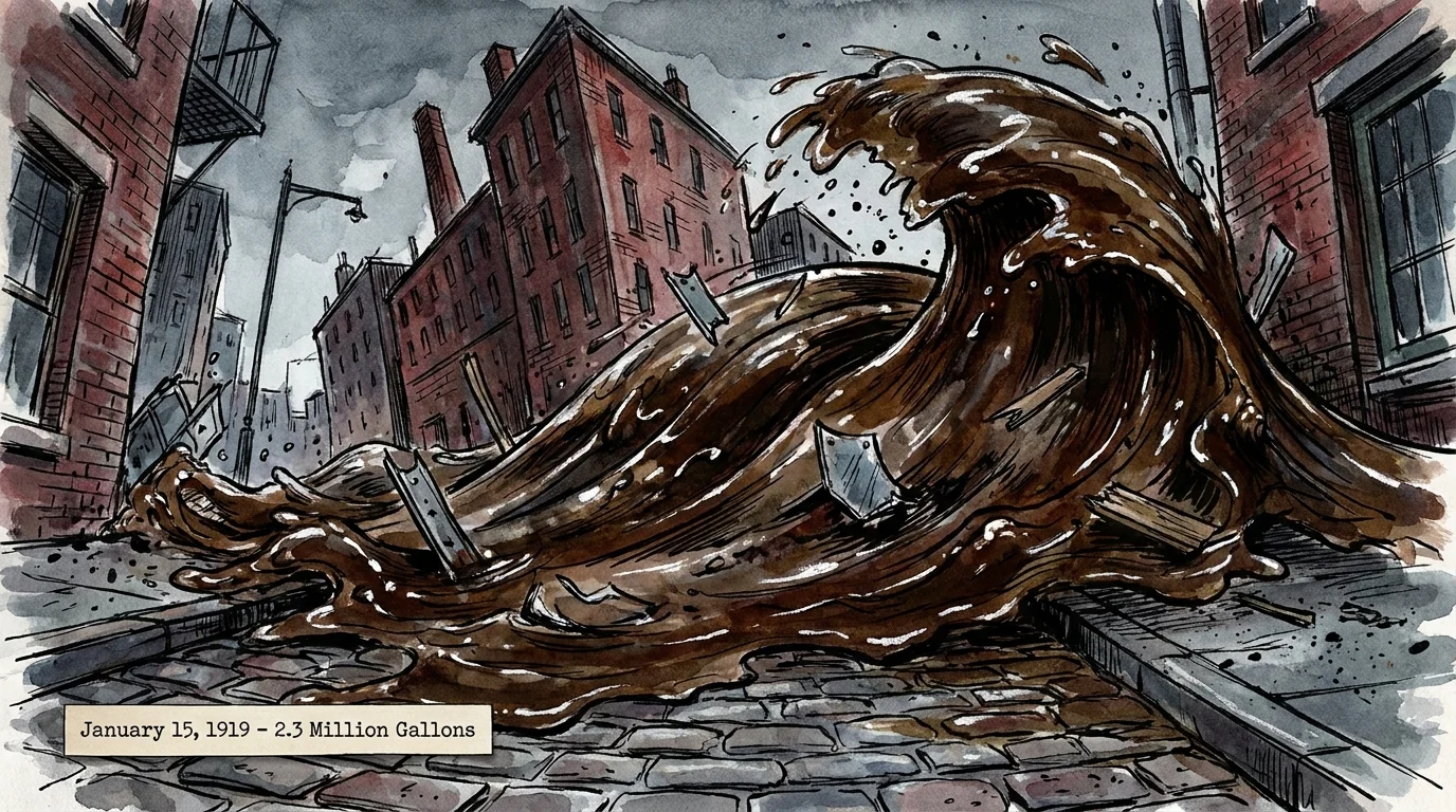 Ink and watercolor illustration of a massive wave of dark molasses flooding a city street with brick buildings.