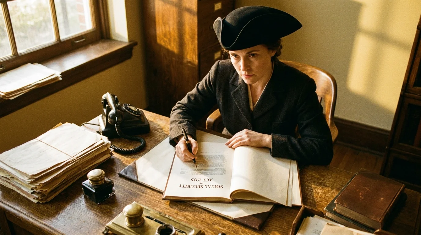 A 1930s-style photograph of Frances Perkins leaning over the Social Security Act of 1935 on a cluttered oak desk.
