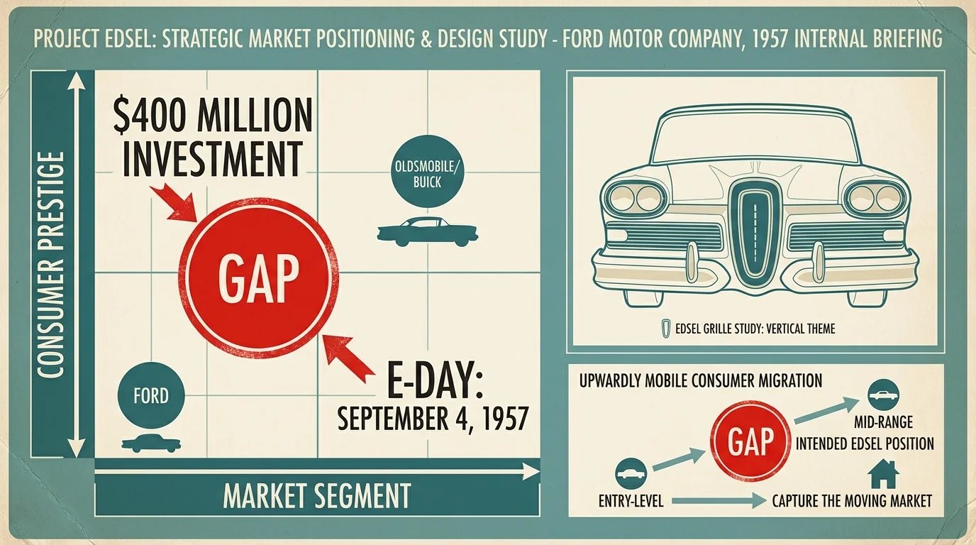 A 1950s-style marketing diagram showing the $400 million gap Ford tried to fill with the Edsel.