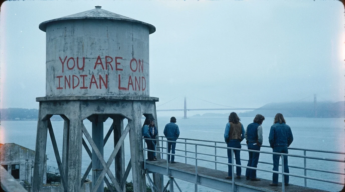A 1960s-style photograph of the 'You Are On Indian Land' graffiti on the Alcatraz water tower during the occupation.