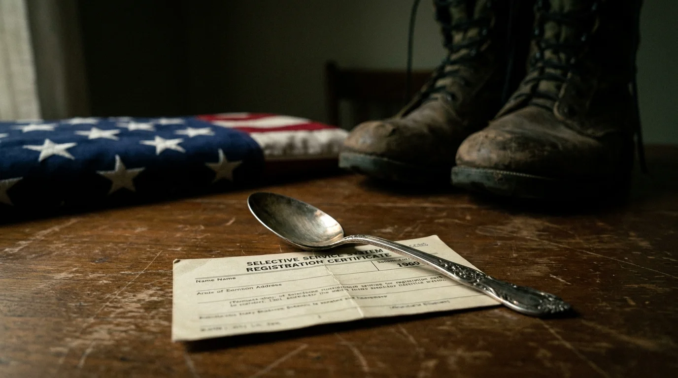 A 1969 military draft card on a wooden table with a silver spoon resting on top of it.