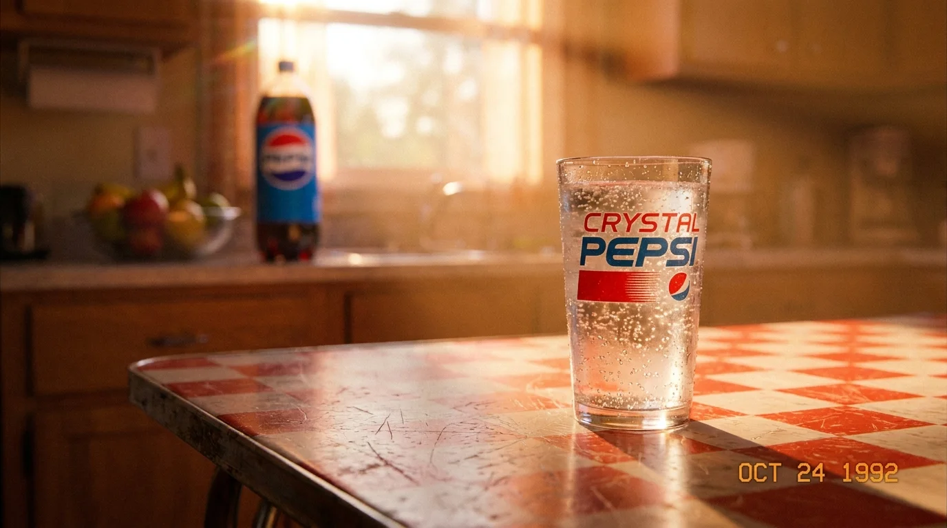 A 35mm film photo of a glass of clear soda on a 1990s kitchen table, capturing the purity trend of the era.