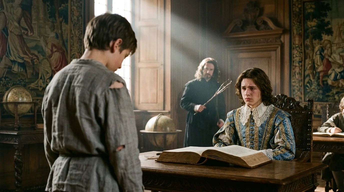 A 35mm film photo of a young prince looking guilty while his whipping boy stands ready for punishment in a royal schoolroom.