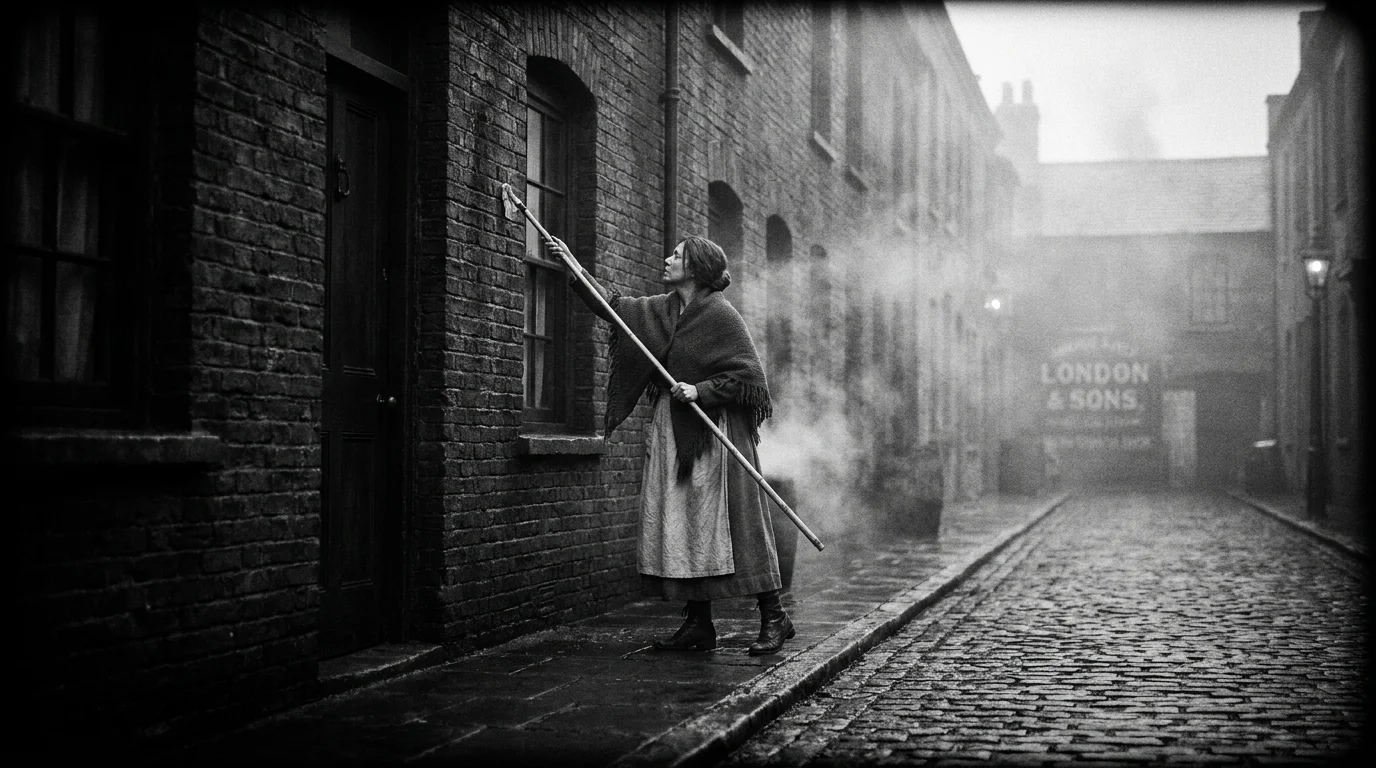 A black and white 35mm film photo of a woman in Victorian clothes using a long pole to tap on a window in a foggy London street.