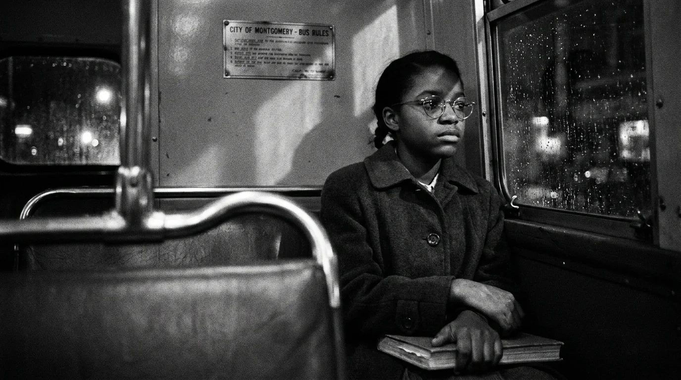 A black and white photograph of a young girl sitting on a bus, representing Claudette Colvin in Montgomery, 1955.