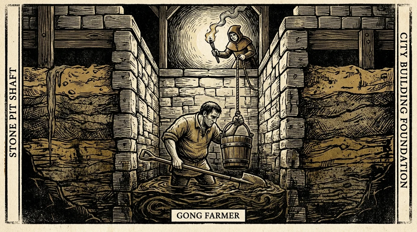 A bold black and white woodcut illustration of a man working in a dark underground stone waste pit by torchlight.