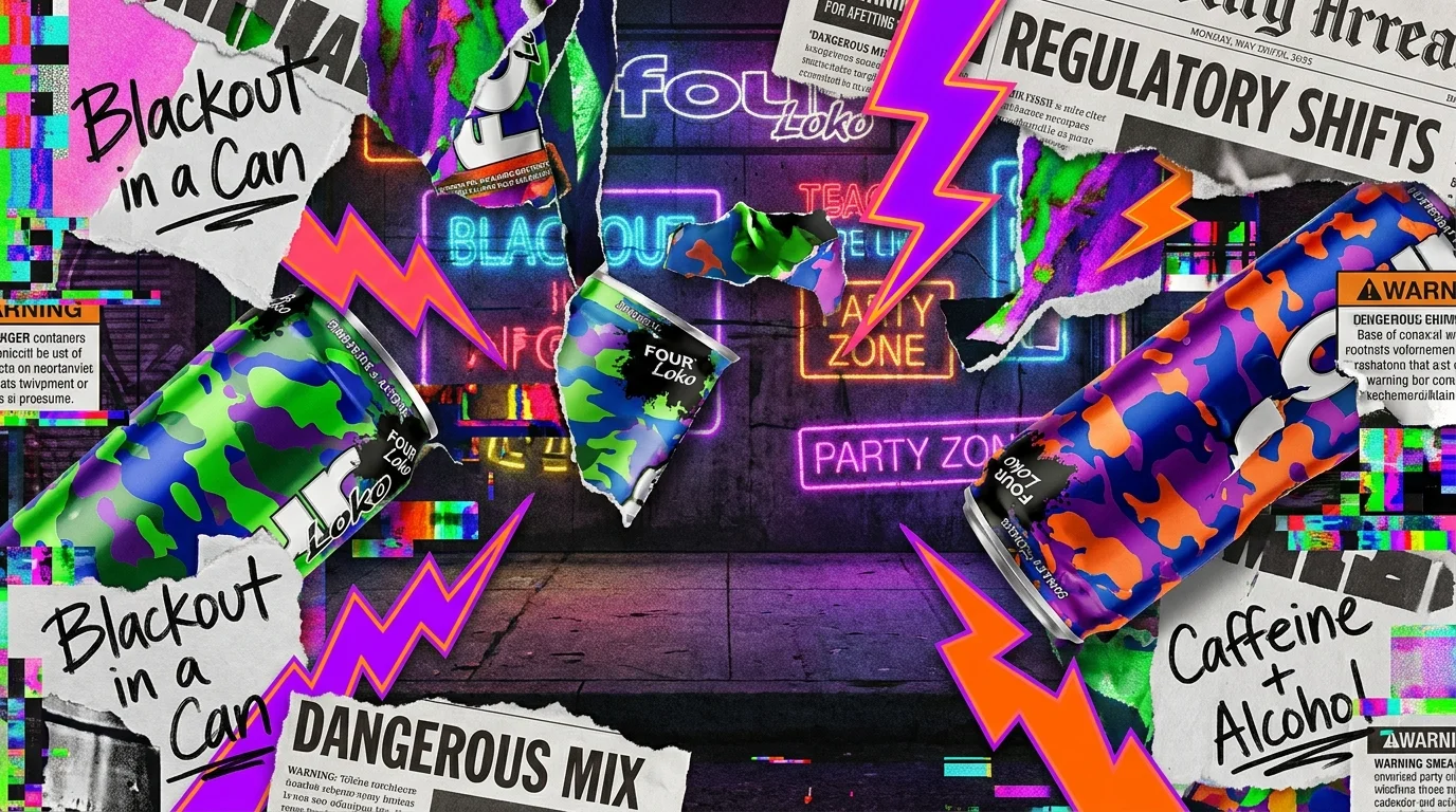 A chaotic neon collage with camouflage patterns and warning labels representing the original Four Loko formula.