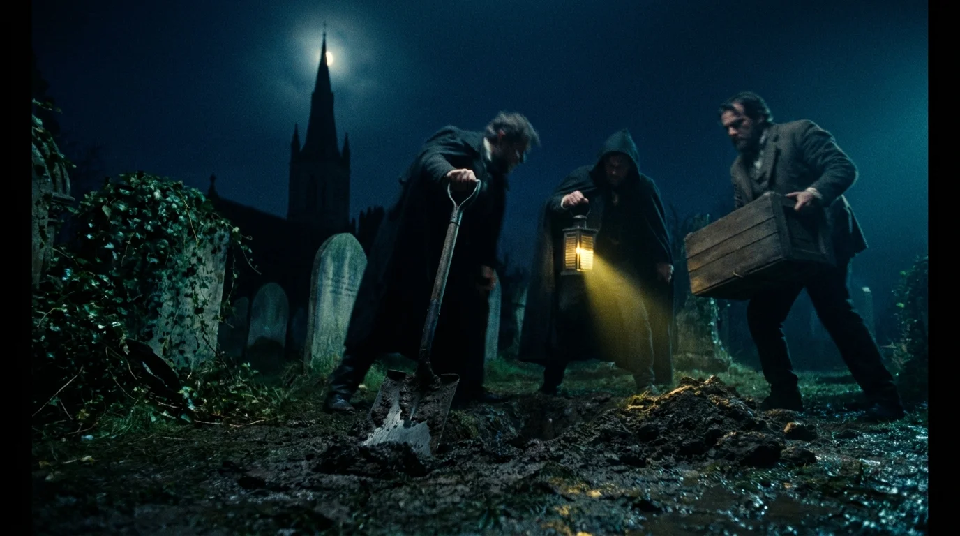 A cinematic nocturnal photo of grave robbers with a lantern and shovel in a dark, misty 19th-century cemetery.