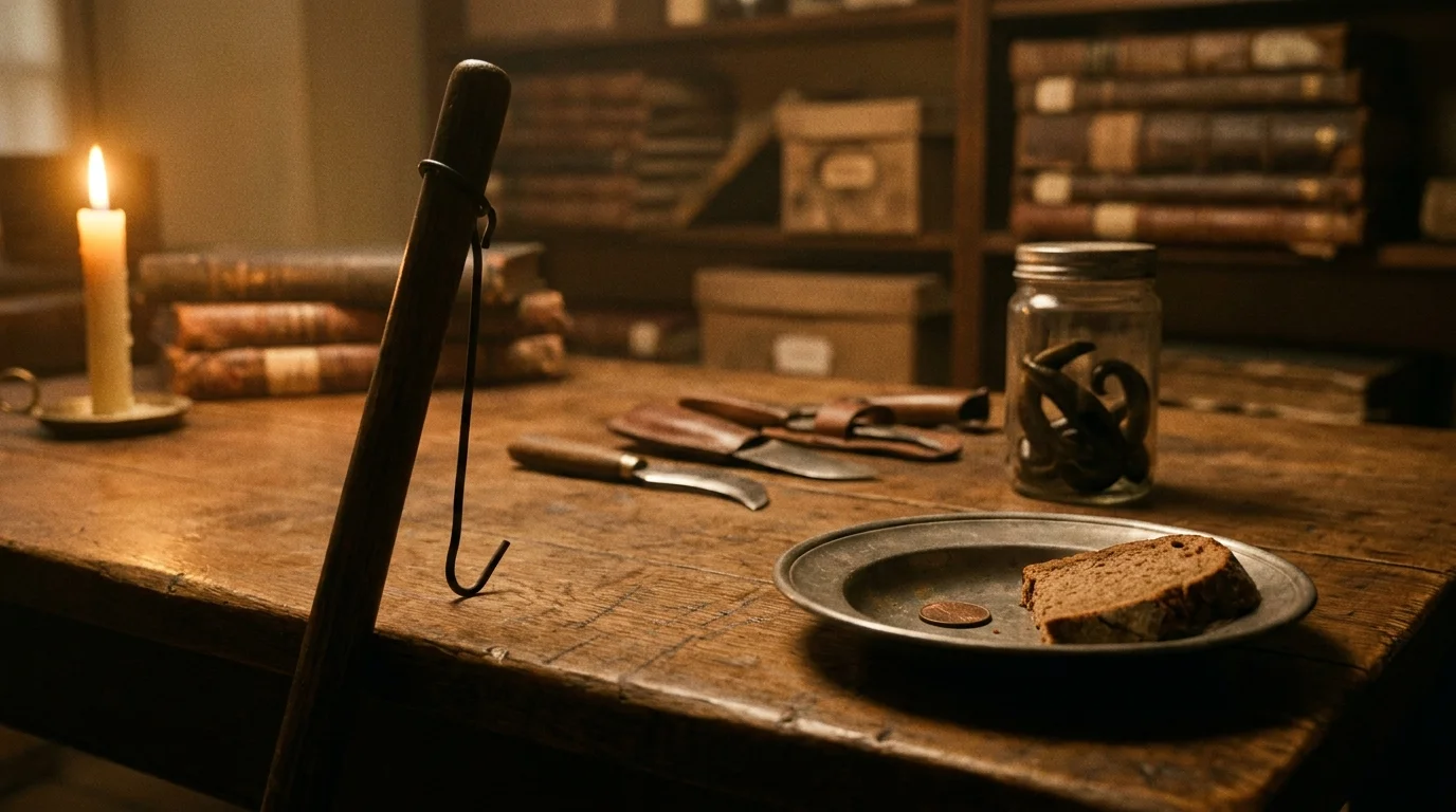 A close-up 35mm film photograph of historical artifacts like a knocker-up stick, a bowl with bread, and a sixpence on a dark oak table.