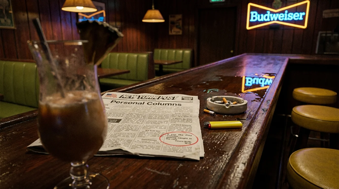 A close-up of a 1970s newspaper personal ad circled in red next to a tropical drink on a dark bar counter.