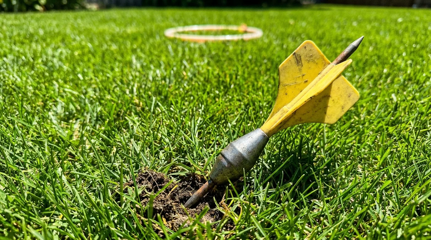A close-up photo of a metal-tipped lawn dart stuck in a backyard lawn under bright sunlight.