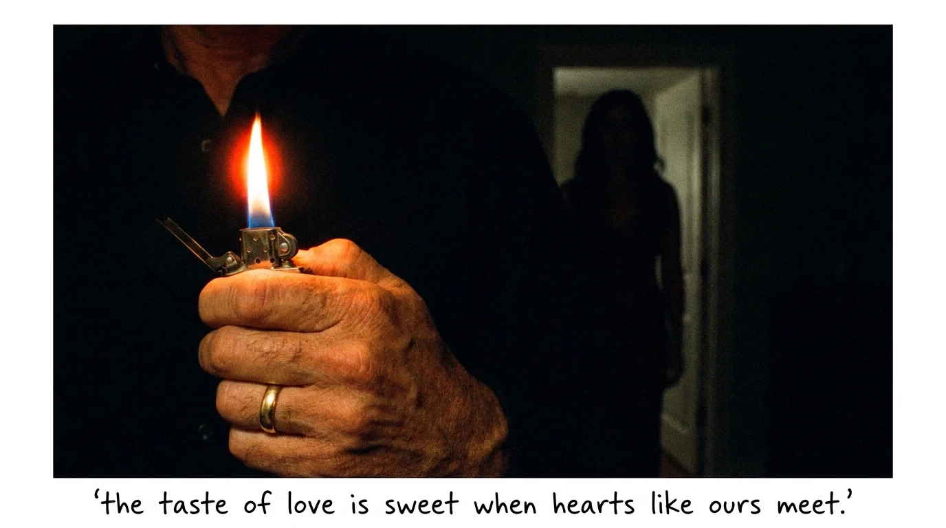 A close-up photograph of a hand wearing a wedding ring next to a large, bright lighter flame in a dark room.