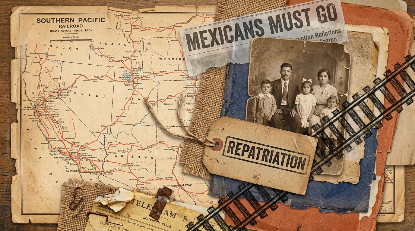 A collage featuring 1930s family photos, railroad maps, and luggage tags labeled 'Repatriation'.