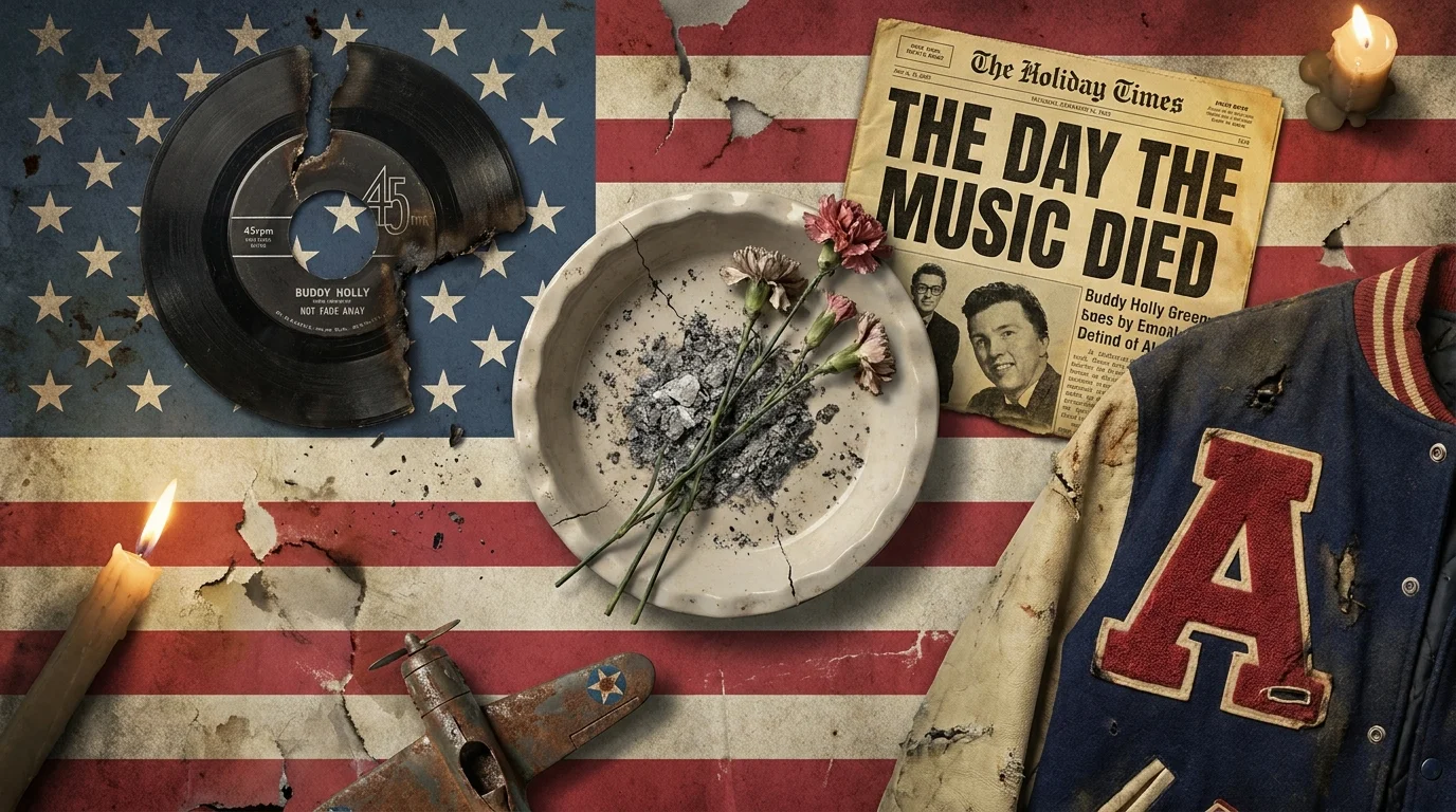 A collage featuring a broken record, a 'Day the Music Died' headline, and an empty, ash-filled pie dish over a faded flag.