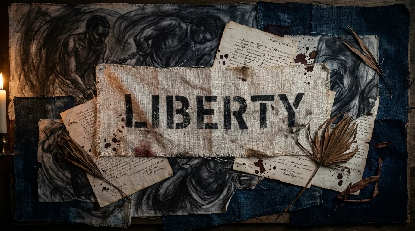 A collage featuring a burlap banner with 'LIBERTY' text over historical legal documents from the 1740 Negro Act.