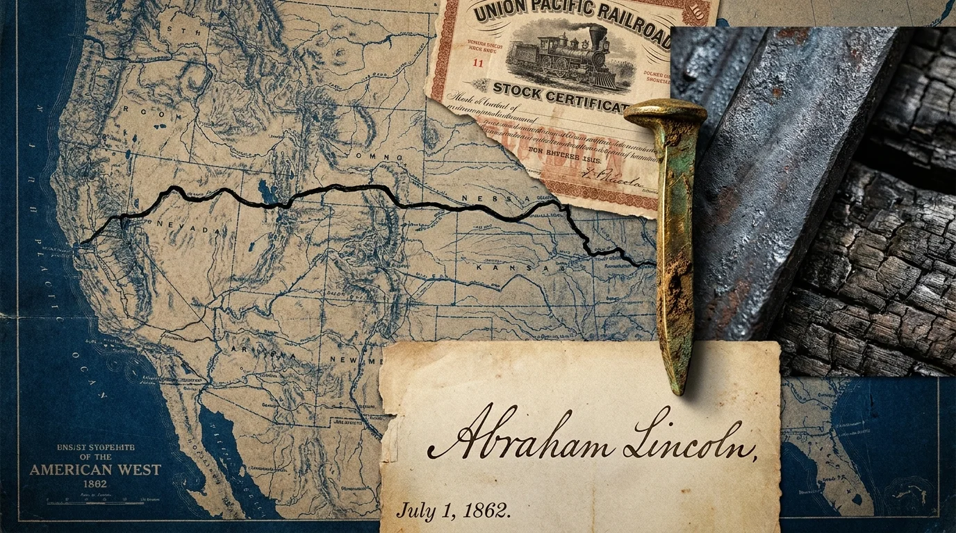 A collage of an 1862 railroad map, a brass spike, and Abraham Lincoln's signature on the Pacific Railway Act.
