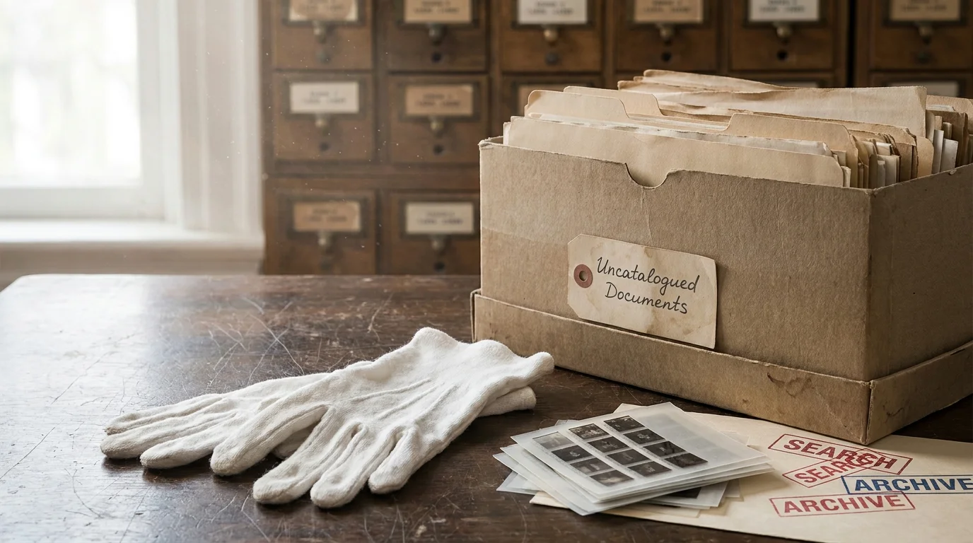 A collage of archival tools including white gloves, microfiche, and an open box of uncatalogued historical documents.