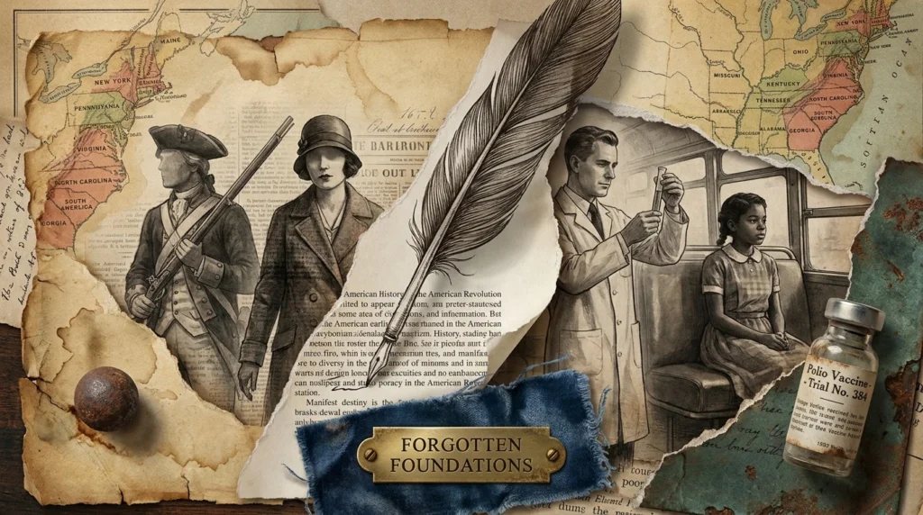 A collage of historical silhouettes, maps, and artifacts like a musket ball and vaccine vial, representing untold American history.