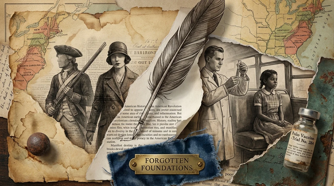 A collage of historical silhouettes, maps, and artifacts like a musket ball and vaccine vial, representing untold American history.