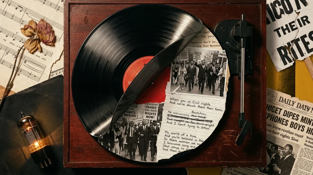 A collage showing a vinyl record peeling back to reveal historical protest photos and handwritten lyrics underneath.
