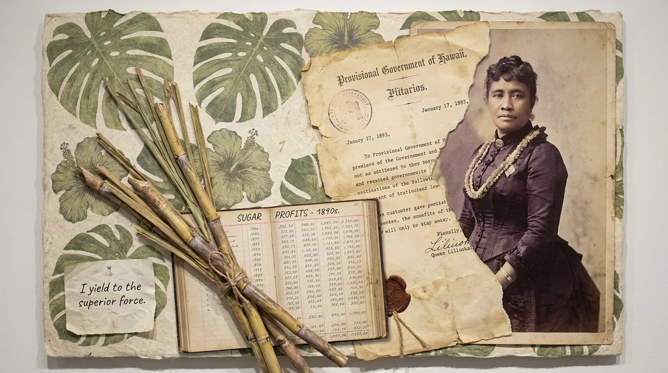 A collage showing Queen Liliuokalani, sugar cane, and the 1893 documents of the Hawaiian Kingdom's overthrow.
