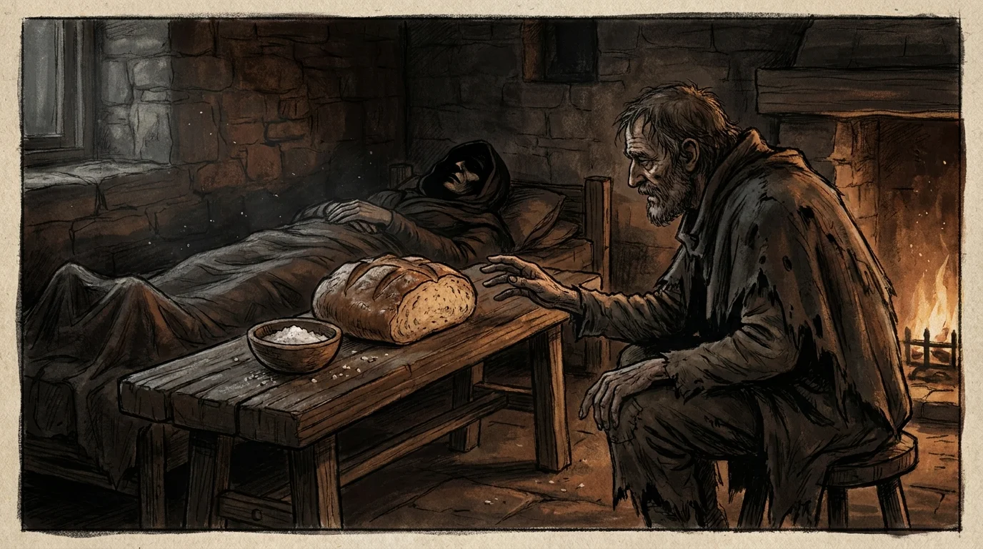 A dark, atmospheric gouache illustration of a man in a candlelit cottage reaching for a loaf of bread resting on a deceased person's chest.