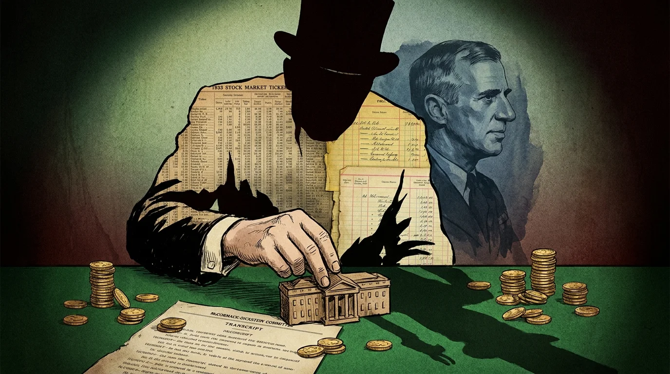 A dark collage showing industrialist silhouettes, gold coins, and 1933 ledger papers, representing a coup plot against FDR.