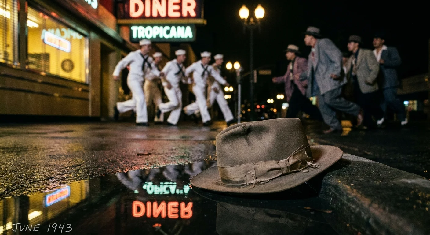 A grainy 1940s-style night photograph of a street clash between sailors and zoot-suit-wearing youth in Los Angeles.