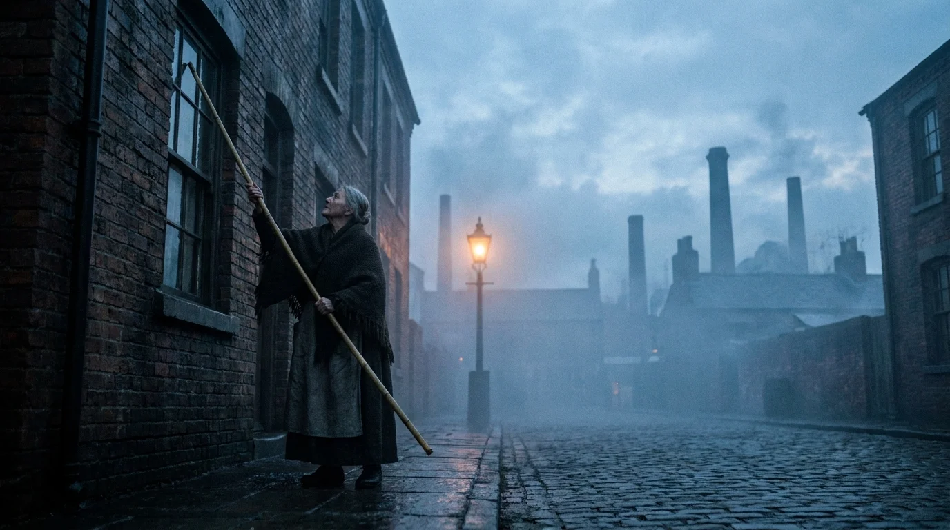 A grainy 35mm photograph of a woman using a long pole to tap on a high window in a foggy, cobblestone industrial street.