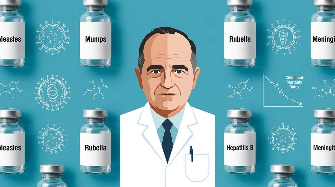 A graphic composition showing Dr. Maurice Hilleman surrounded by vaccine vials labeled with diseases like Measles and Mumps.