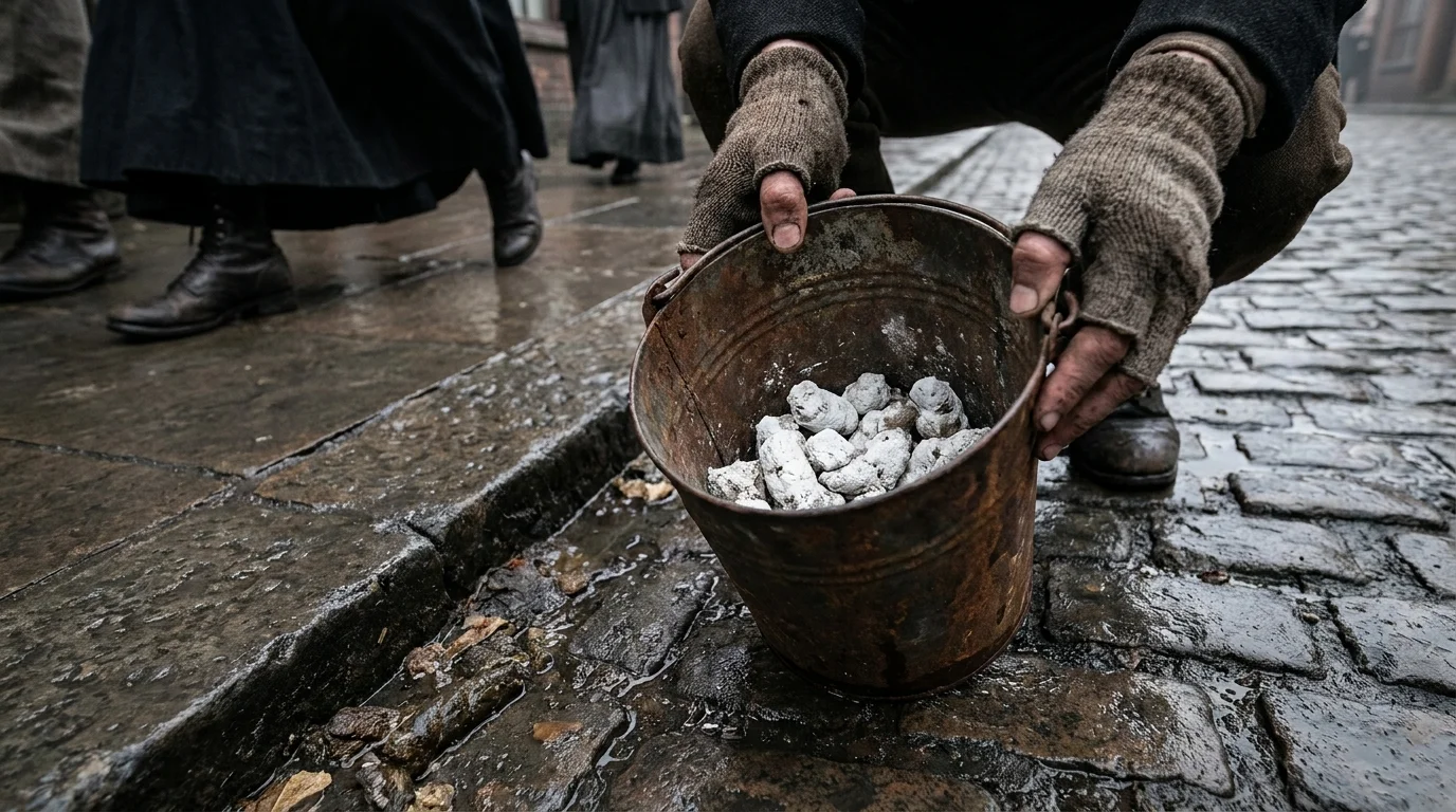 A gritty, close-up photo of a person's dirty hands holding a bucket while scavenging in a Victorian cobblestone gutter.