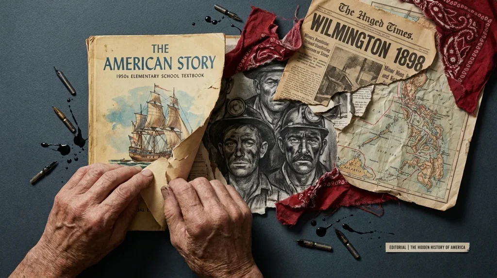 A hand peels back a traditional history textbook to reveal a complex collage of forgotten historical documents, maps, and artifacts.