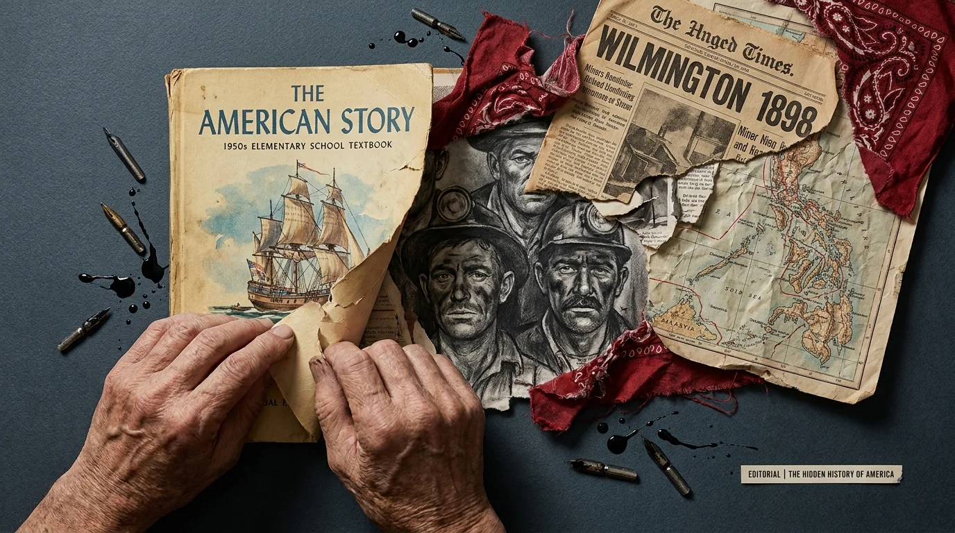 A hand peels back a traditional history textbook to reveal a complex collage of forgotten historical documents, maps, and artifacts.