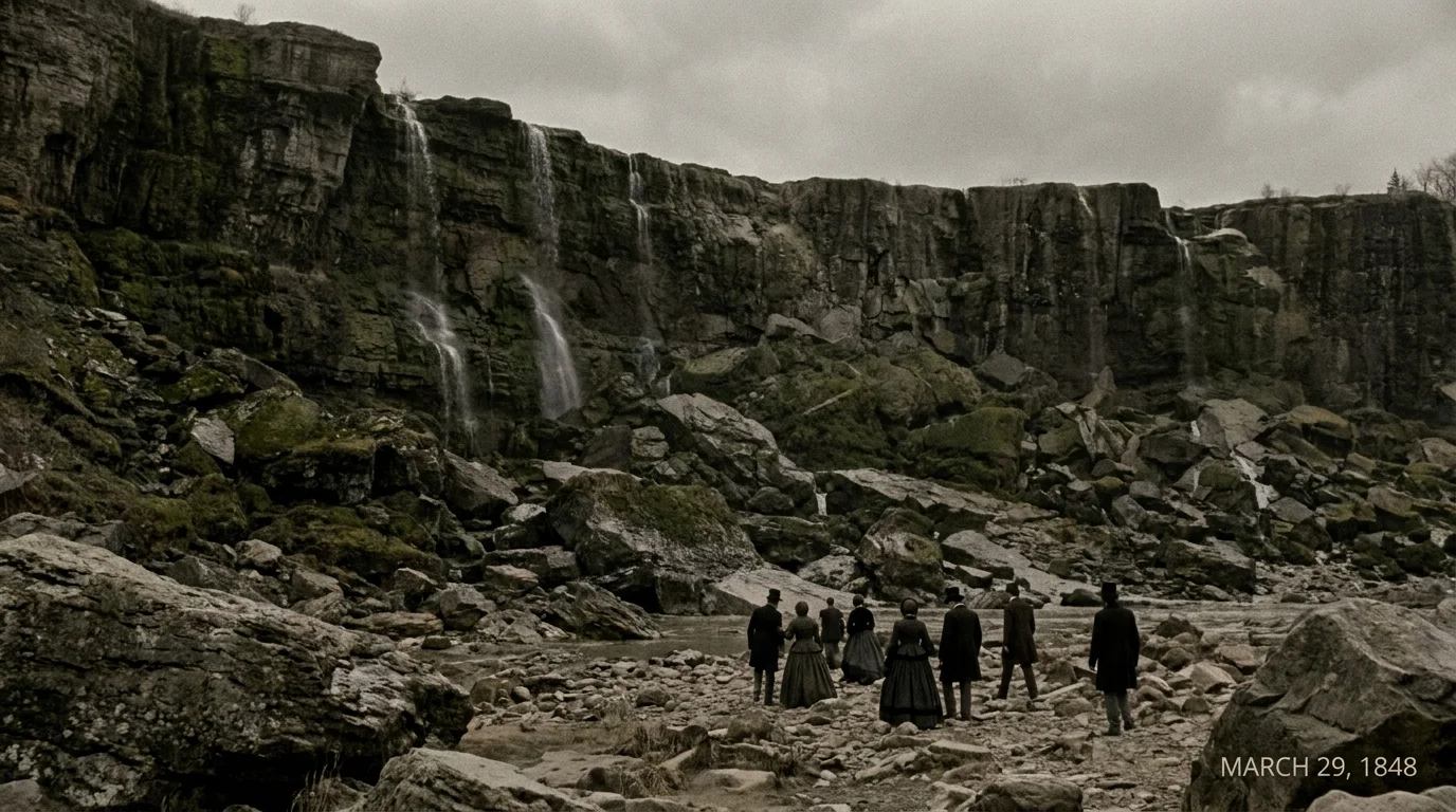 A historical photograph of the dry, rocky cliff of Niagara Falls with people walking on the riverbed.